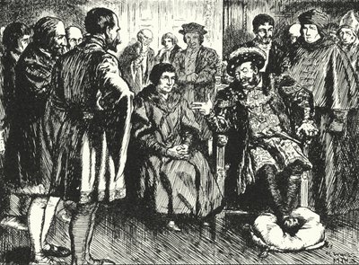Sir Thomas More Henry VIII:n hovissa vastustaen kuninkaat yrittävät saada hänet sanomaan jotain huvittaakseen häntä tekijältä Alfred Wallis Mills