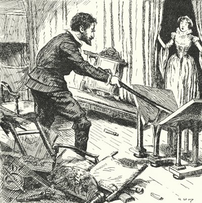Ranskalaisen savenvalajan Bernard Palissyn vaimo katselee kauhuissaan, kun hän murskaa heidän huonekalujaan käyttääkseen polttoaineena uuneihinsa. tekijältä Alfred Wallis Mills