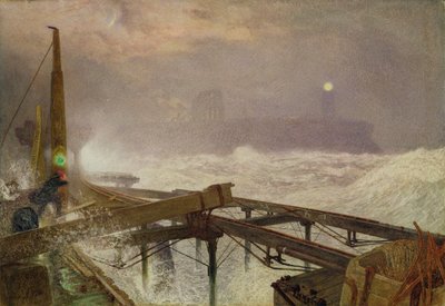 Siniset valot, Teignmouth Pier - Lamppujen sytytys auringonlaskun aikaan, 1868 (wc, rungon väri ja raapiminen paperille) tekijältä Alfred William Hunt