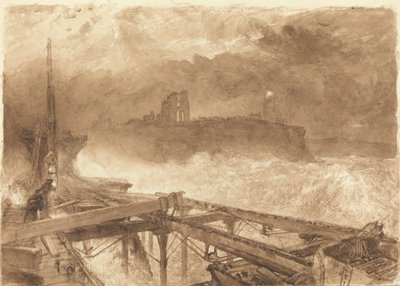 Tutkimus Tynemouth Pier -laiturille - Lamppujen sytytys auringonlaskun aikaan tekijältä Alfred William Hunt