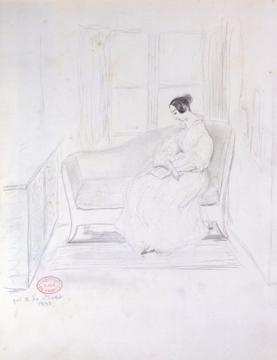 George Sand (1804-76), lukee sohvalla ikkunan vieressä, 1833 tekijältä Alfred de Musset