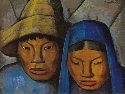 Pari sinisessä; La pareja en azul, n. 1930 (öljy aluksella) tekijältä Alfredo Ramos Martinez