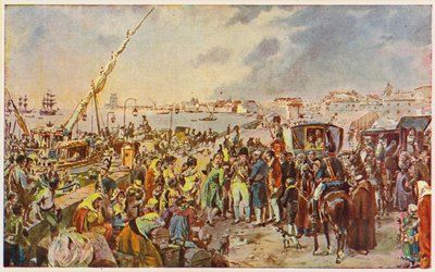 Portugalin prinssi ja regentti Johannes Braganza lähdössä Brasiliaan. tekijältä Alfredo Roque Gameiro