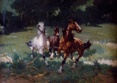Juoksuhevoset, maalaus Alfredo Tominz (1854-1936), öljy pahville, 67x48 cm, Italia tekijältä Alfredo Tominz