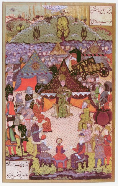 Unkarin kuningas Lajos II (1506-26) neuvostossa ennen Mohacin taistelua vuosina 1526, 1558 (mustetta ja kultalehteä perunakalvossa) tekijältä Ali Amir Beg