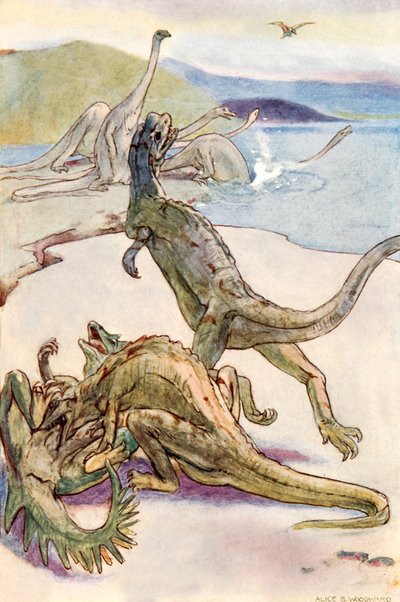 Mesotsooinen kohtaus, jossa on Deinotheria (värilitografia). tekijältä Alice Bolingbroke (after) Woodward