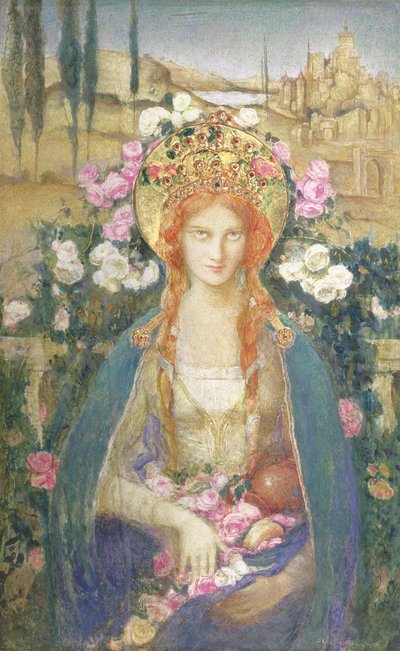 Pyhä Elisabet Unkarin, 1916 (tempera paperille, joka on asetettu kartongille, jossa on kultainen lehti, jossa on puolijalokiviä diademireliefissä). tekijältä Alice Macallan Swan