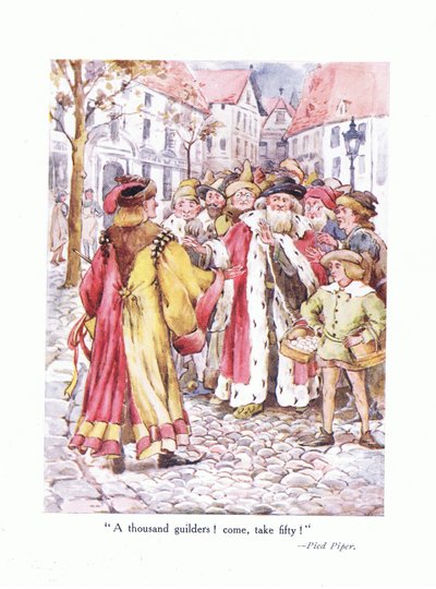 Tuhat guldenia! Tule ja ota viisikymmentä!, kuvitus teoksesta Runoja nuorille: Robert Browning, noin 1920 tekijältä Alice Ross