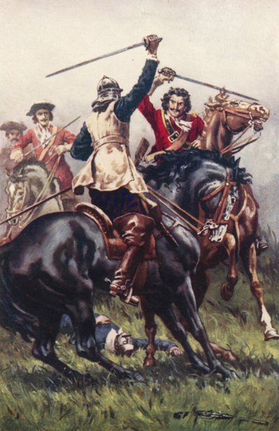 Taistelu Ironside ja Cavalier välillä (väri litho) tekijältä Allan (after) Stewart