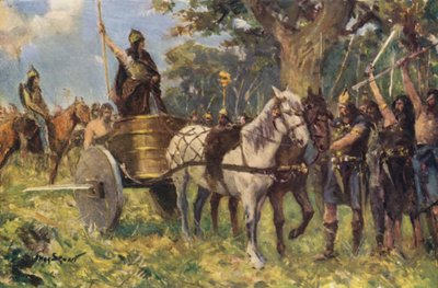Kuningatar Boadicea puhuttelee brittejä (värilitho) tekijältä Allan (after) Stewart