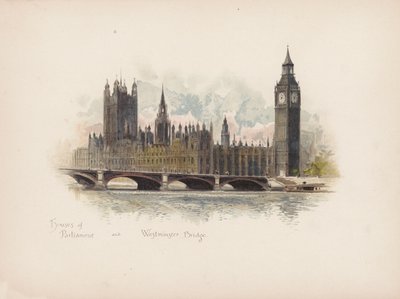 Tuttu Lontoo: parlamenttitalo ja Westminsterin silta (värilitografia). tekijältä Allan F. Barraud