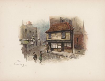 Tuttu Lontoo: Curiosity Shop (värilitografia). tekijältä Allan F. Barraud