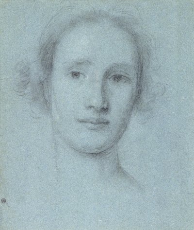 Tytön pää (musta ja valkoinen liitu sinisellä paperilla) tekijältä Allan Ramsay
