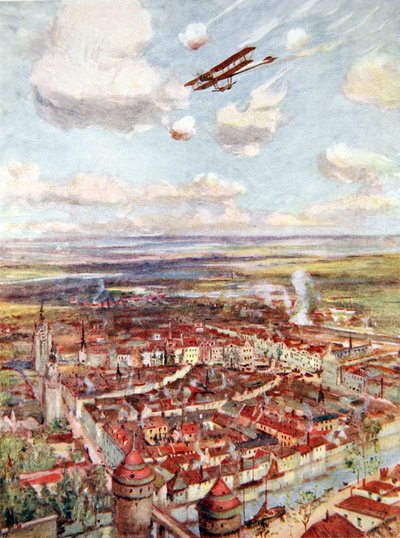 Luutnantti Rhodes-Moorhouse lentää Courtrain yli pommittamaan rautatietä (värilitho) tekijältä Allan Stewart