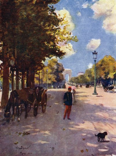 Pariisi: Champs-Elysees ja Riemukaari (väri litho) tekijältä Allan Stewart