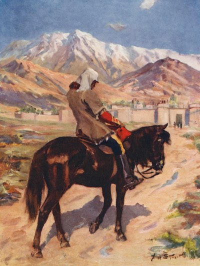 Armeijan ainoa eloonjäänyt, tohtori Brydon pääsee yksin Jallalabadiin (värilitografia). tekijältä Allan Stewart