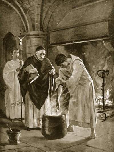 Oikeudenkäynti kiehuvan veden koettelemuksessa, kuvitus "Hutchinsonin tarinasta brittiläisen kansakunnan tarinasta", n. 1920 (litho) tekijältä Allan Stewart