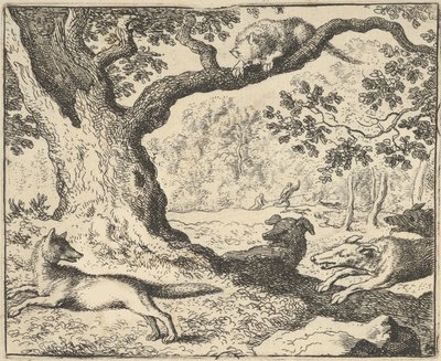 Renardin väärän tarinan jälkeen Hendrick van ..., 1650-75 metsästyskoirat jahtaavat hänen isänsä. tekijältä Allart van Everdingen