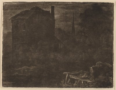 Yömaisema talon ja kirkon tornin kanssa, luultavasti n. 1660. tekijältä Allart van Everdingen