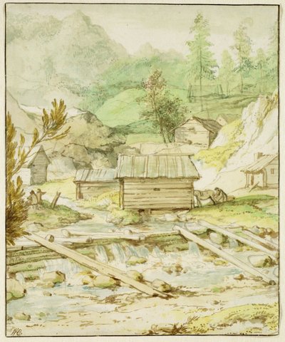 Pohjoismainen maisema, jossa on puinen maja ja pato (kynä, sivellin ja wc paperille) tekijältä Allart van Everdingen