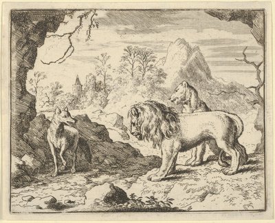 Renard vakuuttaa leijonan ja leijonan löytävänsä aarteen, jonka hänen isänsä varasti heiltä..., 1650-75. tekijältä Allart van Everdingen