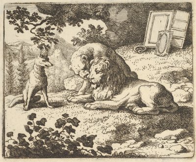 Renard valehtelee, että hän antoi pässille erilaisia jaloesineitä, jotka oli tarkoitettu leijonalle..., 1650-75. tekijältä Allart van Everdingen
