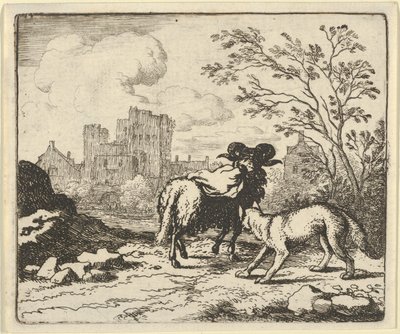 Renard lähettää oinaan takaisin leijonalle kanin pään sisältävän paketin kanssa, 1650-75. tekijältä Allart van Everdingen