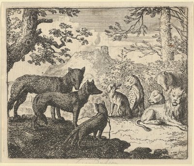 Renardin vanhemmat pyytävät lupaa poistua hovista Hendrick van Alcmarin teoksessa Renard The Fox tekijältä Allart van Everdingen