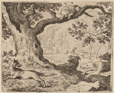 Reynardin isä ja kissa, jota koirat takaavat, luultavasti n. 16451656. tekijältä Allart van Everdingen