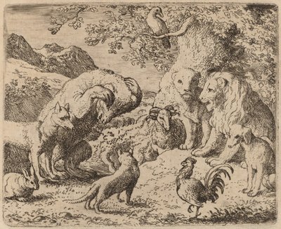 Karhu rukoilee leijonaa oikeuden puolesta, luultavasti n. 16451656. tekijältä Allart van Everdingen