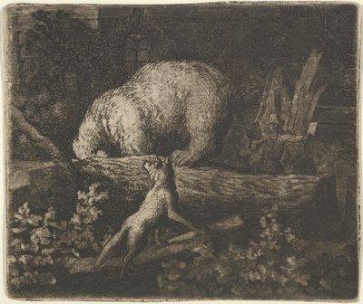 Karhu kuonoineen ja etutassuineen puun runkoon kiinni, 1600-luvun puoliväli. tekijältä Allart van Everdingen