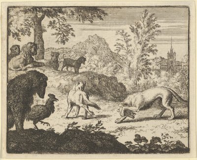 Leijona sallii taistelun suden ja Renardin välillä, 1650-75. tekijältä Allart van Everdingen