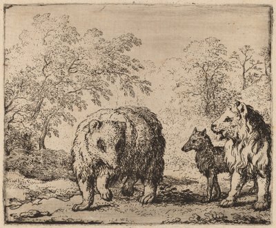 Leijona vapauttaa karhun ja suden, luultavasti n. 16451656. tekijältä Allart van Everdingen