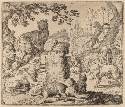 Leijona määrää joukkohyökkäyksen Reynardia vastaan, luultavasti n. 16451656. tekijältä Allart van Everdingen