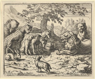 Leijona ottaa muiden eläinten neuvoja Renardin rangaistukseen, 1650-75. tekijältä Allart van Everdingen