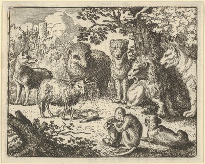 Apina avaa pakkauksen ja poistaa kanin pään... suureksi yllätykseksi, 1650-75. tekijältä Allart van Everdingen