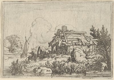 Raunioitunut mökki, veden ympäröimä, 1600-luku. tekijältä Allart van Everdingen