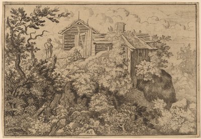 Kolme mökkiä kalliolla, luultavasti n. 16451656. tekijältä Allart van Everdingen