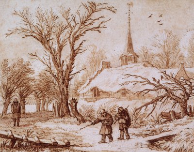 Matkustajat tiellä lähellä kylää talvella (liitu, kynä, muste ja pesuaine) tekijältä Allart van Everdingen