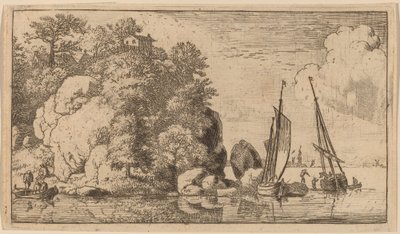 Kaksi venettä leveällä joella, luultavasti n. 16451656. tekijältä Allart van Everdingen