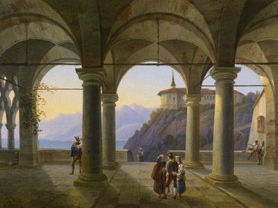 Säulenterrasse mit figürlicher Staffage und Blick auf einen Gebirgssee tekijältä Alois Gustav Schulz