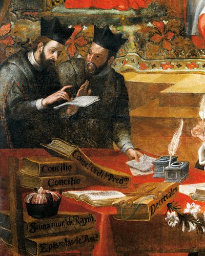 Keskustelu kahden jesuiitta välillä, yksityiskohta St Raymond of Penafortista, paavi Gregory IX:n neuvonantaja, Alonso Antonio Villamor (1661-1729). Pyhän Stevenin luostarista Salamancasta, Espanjasta. tekijältä Alonso Antonio Villamor