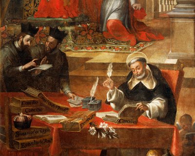 Kaksi jesuiitaa puhuvat samalla kun St Raymond kirjoittaa neuvostoa, yksityiskohta St Raymond of Penafortista, paavi Gregorius IX:n neuvonantaja, Alonso Antonio Villamor (1661-1729). Pyhän Estebanin luostarista Salamancasta, Espanjasta. tekijältä Alonso Antonio Villamor