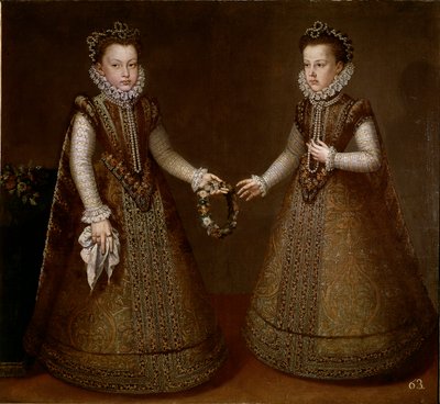 Muotokuva Isabellasta ja Katariinasta, Espanjan kuninkaan Philip II:n (1527-1598) tyttäristä. Alonso Sanchez-Coellon (Sanchez Coello) maalaus (noin 1531-1588) 1570 Madridin ympäristössä, Prado-museo tekijältä Alonso Sánchez Coello
