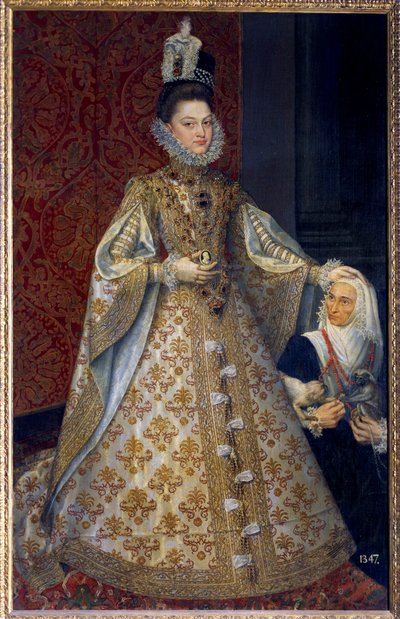 Muotokuva Espanjan lapsen Isabelle Clara Eugenie of Habsburgista, Alankomaiden ja Magdalena Ruizin suvereenista jalassa Alonso Sanchez Coellon (1531-1588) maalaus Sun. 1,29 x 2,07 m. 1585. Madrid. Musee du Prado – täyspitkä muotokuva lapsesta tekijältä Alonso Sánchez Coello