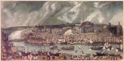 Näkymä Sevillan kaupunkiin (Espanja) Alonso Sanchez-Coellon (Sanchez Coello) (noin 1531-1588) maalaus 1500-luvun loppu tekijältä Alonso Sánchez Coello