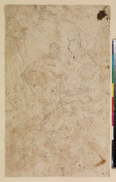 Figuuritutkimuksia polvistuvan naisen kanssa profiilissa, verso, 1600-luku tekijältä Alonso del Arco