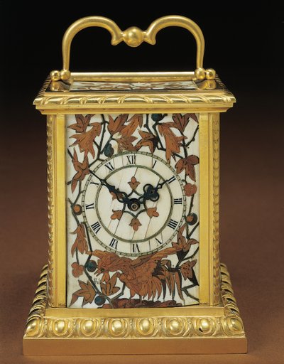 Vaunukello, Napoleon III:n neliosaisesta pöytäsetistä, Duvinagen ja Harinckoukin intarsia, n. 1877 (ormolu-asennettu norsunluu ja hedelmäpuu) (476432 ja 476441) tekijältä Alphonse Gustave Giroux