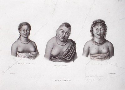 Havaijin päälliköiden vaimot Sandwichsaarilta, n. 1824 (kaiverrus) tekijältä Alphonse (after) Pellion