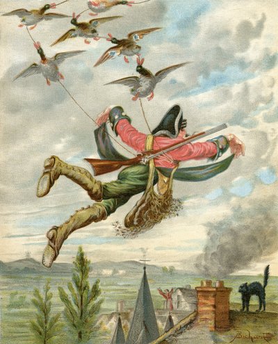 Ankat nostivat maasta, Rudolf Erich Raspen (1736-94) teoksesta Paroni Münchausenin seikkailut, julkaistu n. 1886 (värilitho) tekijältä Alphonse Adolphe Bichard